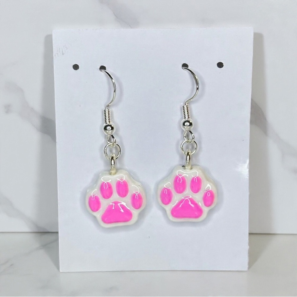 Animal Paw Print - Handmade Earrings - Hot Pink